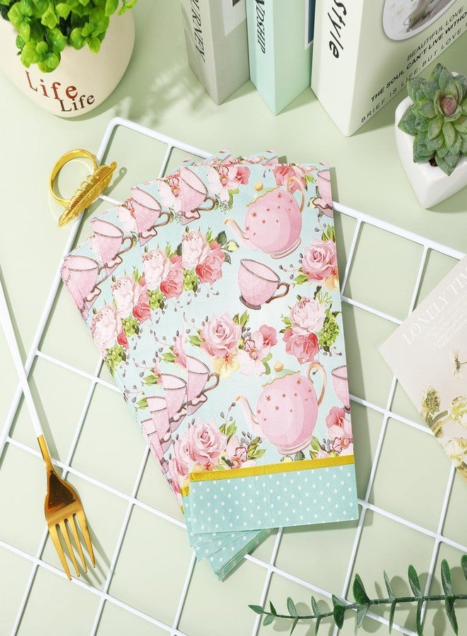 Whaline 100Pcs Floral Tea Party Napkins Teacups Guest Napkins Disposable Disposable Hand Napkin Towel for Spring Mother's Day Tea Part Bathroom Baby Shower Table Decor Supplies - Image 4